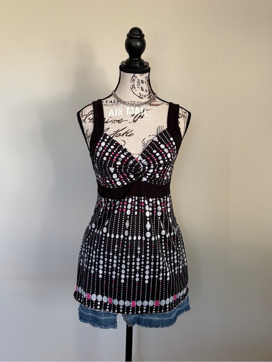 Kismet Tops - Y2K Black Pink Polka Dot Tie Back Baby Doll Sweetheart Top